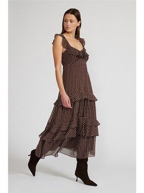 Lucy Paris Brown Polka Dot Ruffle Midi Dress Small